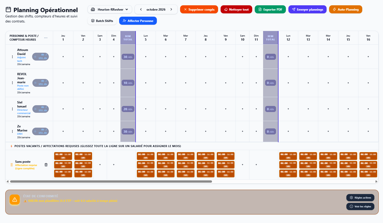 Interface du logiciel de planning automatique Heurion Planning – génération de plannings en quelques clics